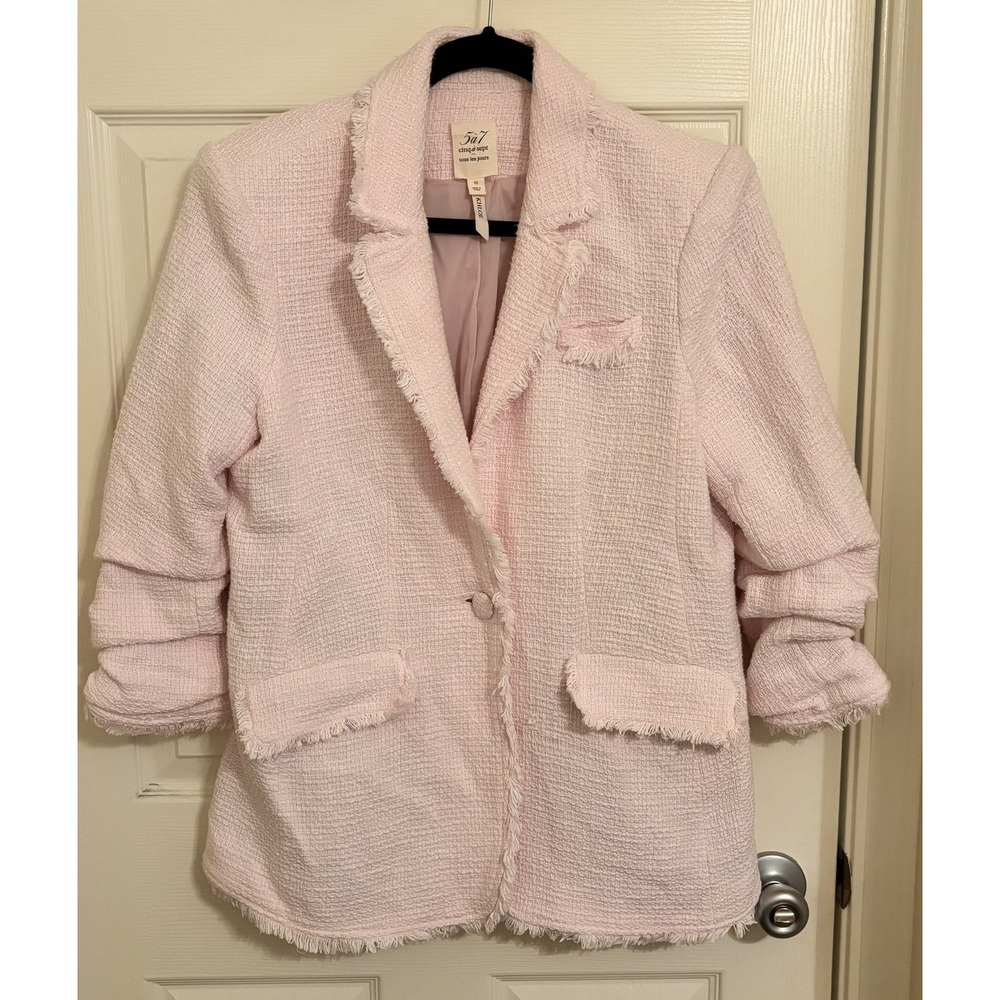 Cinq a Sept Khloe Pink Boucle Tweed Blazer SZ 10 Ruched Sleeve Fringe JacketREAD